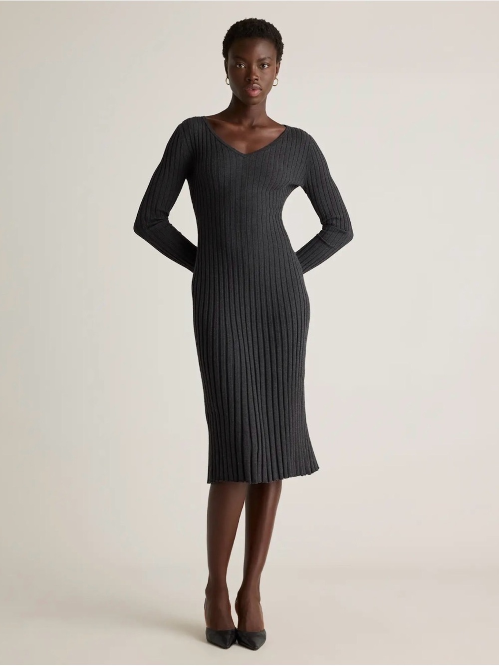 Cotton Cashmere Ribbed Long Sleeve V-Neck Midi Dress - Charcoal Gray S